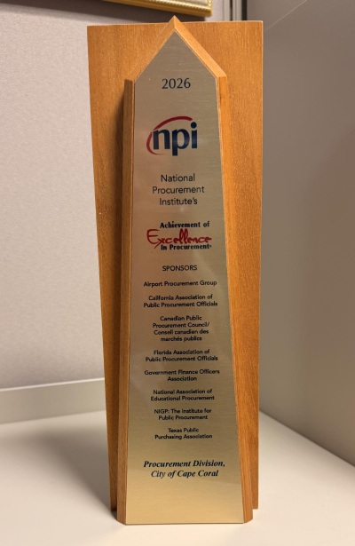The Achievement of Excellence in Procurement  Award presented to the City of Cape Coral.